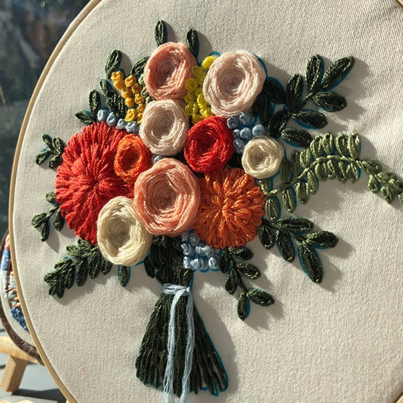 Flower Bouquet DIY Embroidery Kit Needlework Cross Stitch with Hoop Frame for Beginner Swing Art Painting Handcraft Wedding Gift