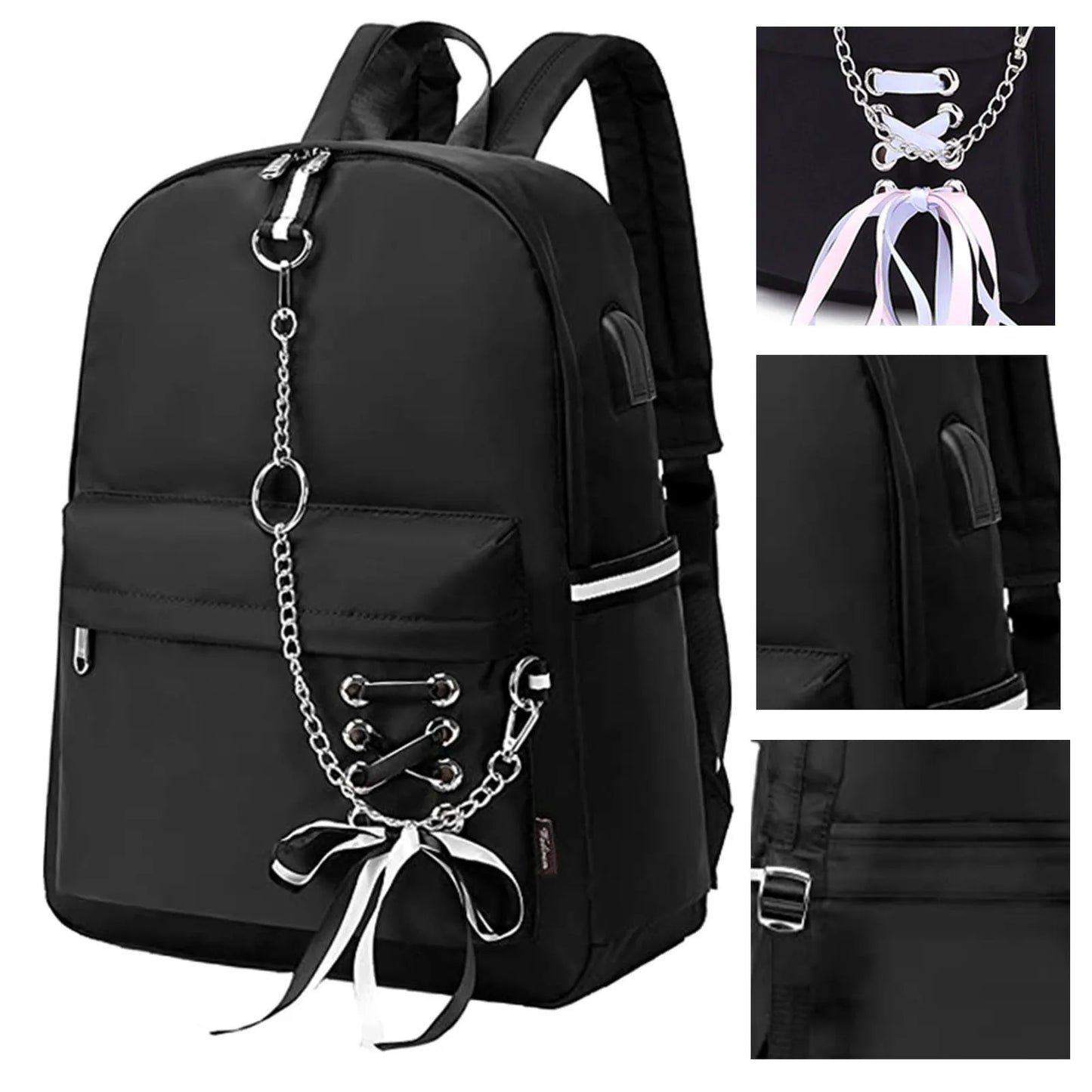 Waterproof School Bags for Teenage Girls Cute Flowers Backpack Women Black Oxford Bookbags Student Schoolbag Metal Chain Pouch