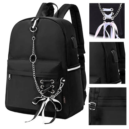 Waterproof School Bags for Teenage Girls Cute Flowers Backpack Women Black Oxford Bookbags Student Schoolbag Metal Chain Pouch