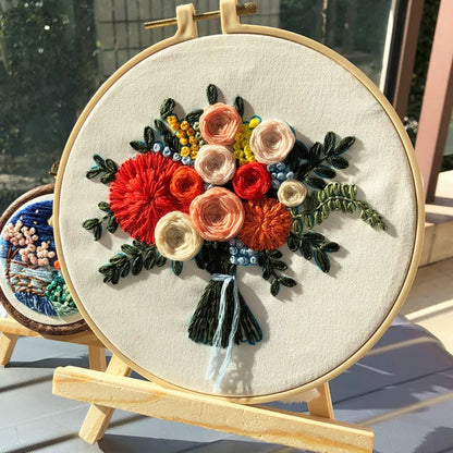 Flower Bouquet DIY Embroidery Kit Needlework Cross Stitch with Hoop Frame for Beginner Swing Art Painting Handcraft Wedding Gift