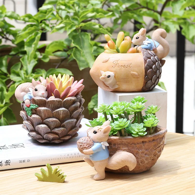 Flowerpot Cartoon Cute Animal Squirrel Fleshy Flower Pot Resin Succulent Pots Desktop Decoration