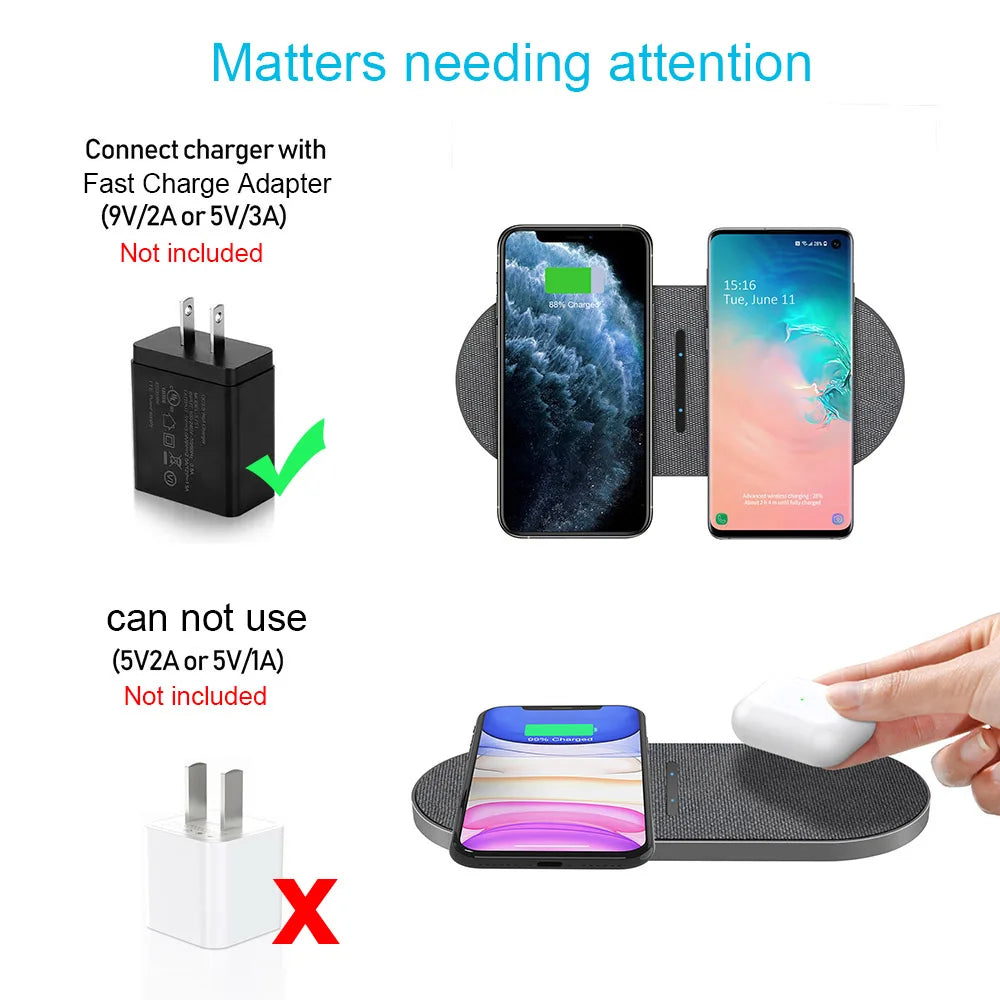 2 in 1 30W Dual Seat Wireless Charger for Samsung S24 S23 Double Fast Charging Pad For IPhone 15 14 13 12 11 XS XR 8 Airpods Pro