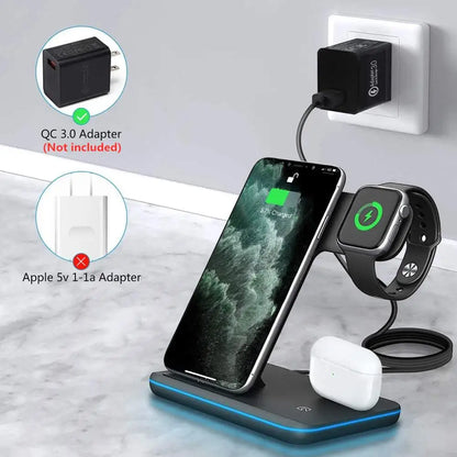 15W 3 in 1 Fast Charging Wireless Charger Stand for Apple Watch 8 7 6 5 4 Airpods 3 Pro iPhone 14 13 12 11 XS XR X 8