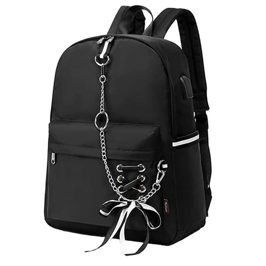 Waterproof School Bags for Teenage Girls Cute Flowers Backpack Women Black Oxford Bookbags Student Schoolbag Metal Chain Pouch