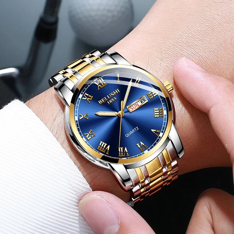 BELUSHI Top Brand Luxury Mens Watches Luminous Waterproof Stainless Steel Watch Quartz Men Date Calendar Business Wristwatch