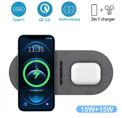 2 in 1 30W Dual Seat Wireless Charger for Samsung S24 S23 Double Fast Charging Pad For IPhone 15 14 13 12 11 XS XR 8 Airpods Pro