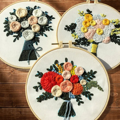 Flower Bouquet DIY Embroidery Kit Needlework Cross Stitch with Hoop Frame for Beginner Swing Art Painting Handcraft Wedding Gift