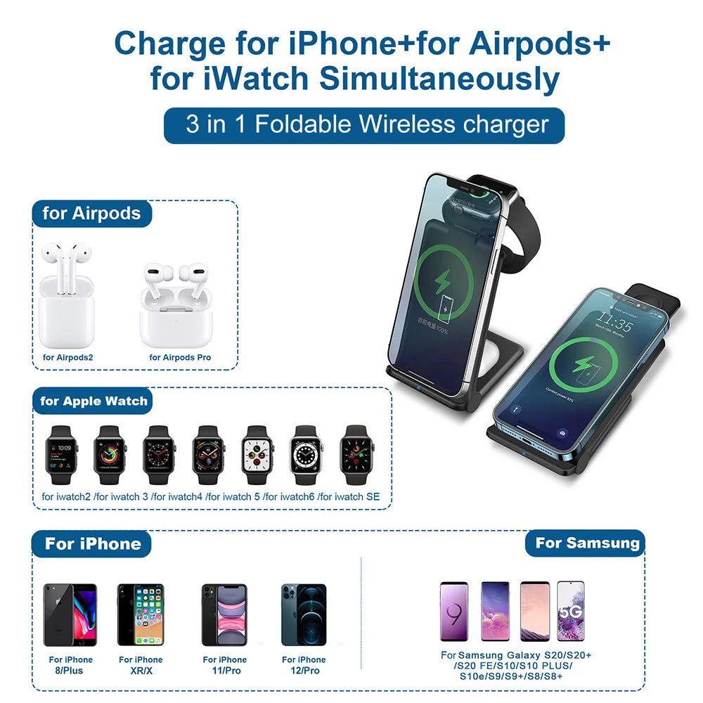 3 in 1 Wireless Charger 15W Fast Charging Dock Station Foldable Holder For iPhone 15 14 13 12 11 XS Apple Watch 9 8 Airpods Pro