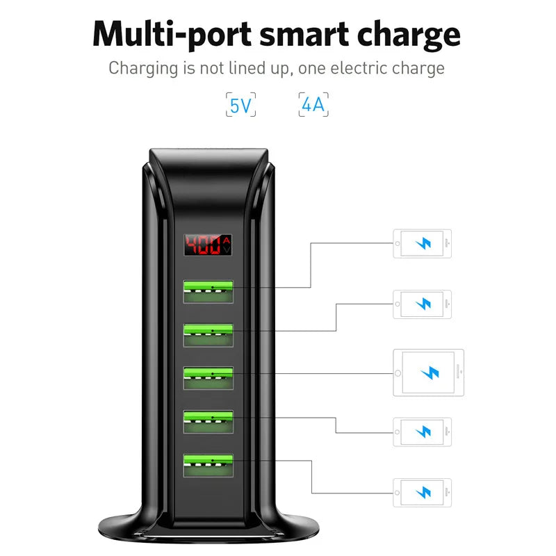 USLION 5 Multi Port USB Charger Hub For Mobile Phone EU UK US Plug LED Display USB Charging Desktop Station Dock Chargers