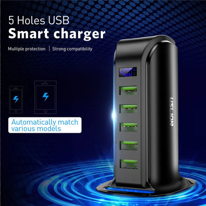 USLION 5 Multi Port USB Charger Hub For Mobile Phone EU UK US Plug LED Display USB Charging Desktop Station Dock Chargers