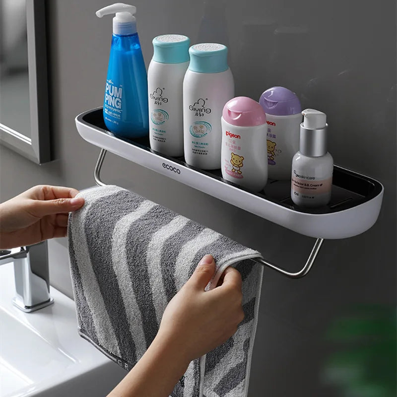 ECOCO Bathroom Shelf Storage Rack Holder, Wall Mounted Shampoo Organizer with Towel Bar