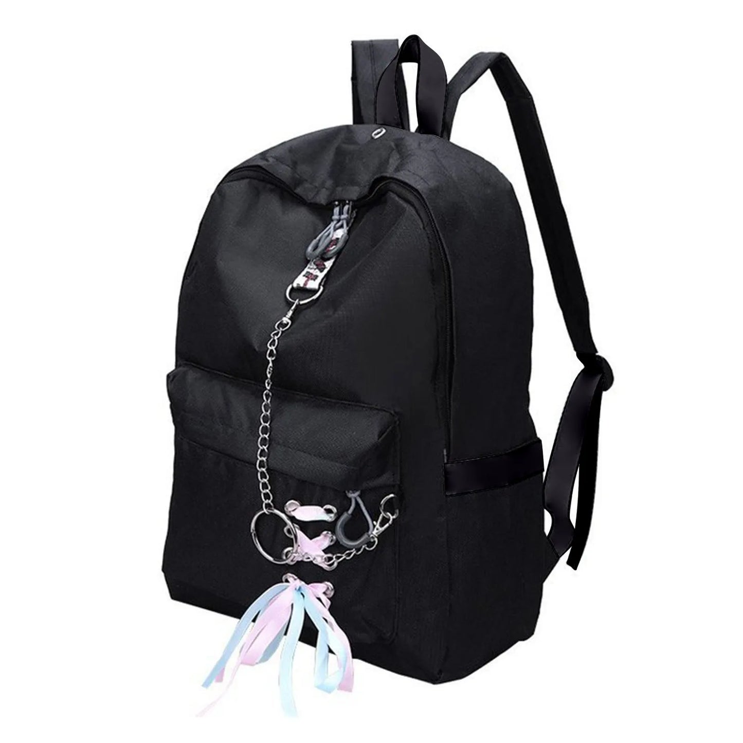 Waterproof School Bags for Teenage Girls Cute Flowers Backpack Women Black Oxford Bookbags Student Schoolbag Metal Chain Pouch