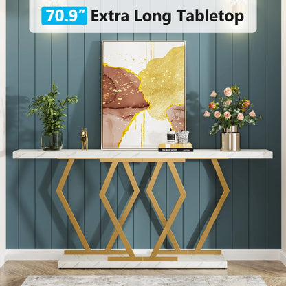 Tribesigns 70.9 Inch Extra Long Sofa Table， White and Gold Console Table with Faux Marble Tabletop, Modern Long Entryway Table