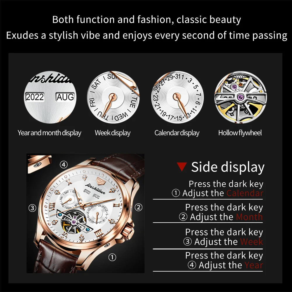 JSDUN Luxury Men's Watches Top Brand Automatic Mechanical Wrist Watch for Man Waterproof Leather Strap Luminous Business Dress