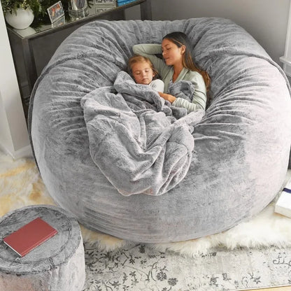 Bean Bag Chair Cover 5ft Fluffy Bean Bag Chairs for Adults Pv Fur Light Grey BeanBag Cover Living Room Furniture Lazy Sofa Chair