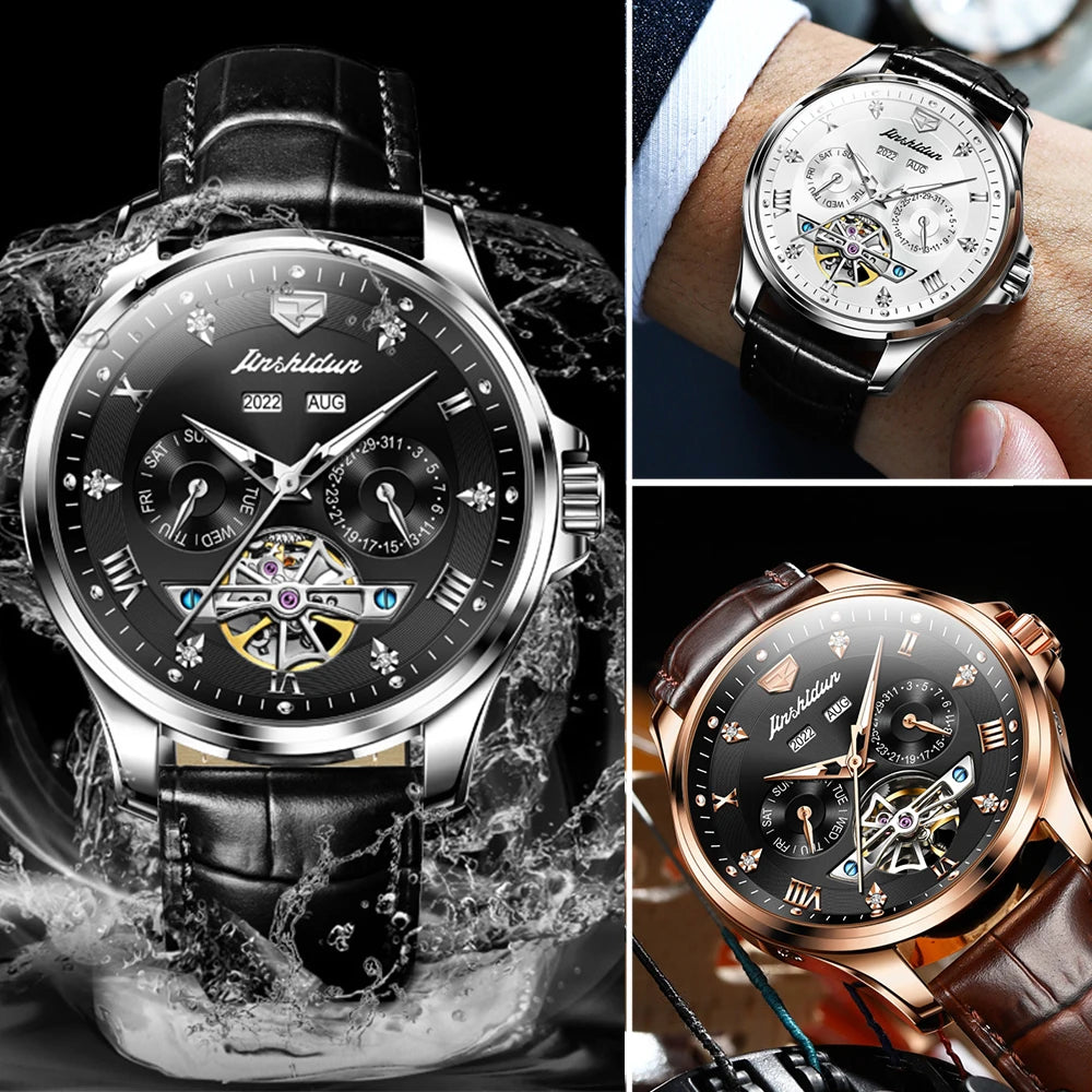 JSDUN Luxury Men's Watches Top Brand Automatic Mechanical Wrist Watch for Man Waterproof Leather Strap Luminous Business Dress