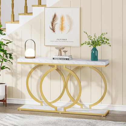 Gold Console Table, 55 in Faux Marble Entryway Table Narrow Long Sofa Table, Accent Table , Entrance Table Frame, White & Gold