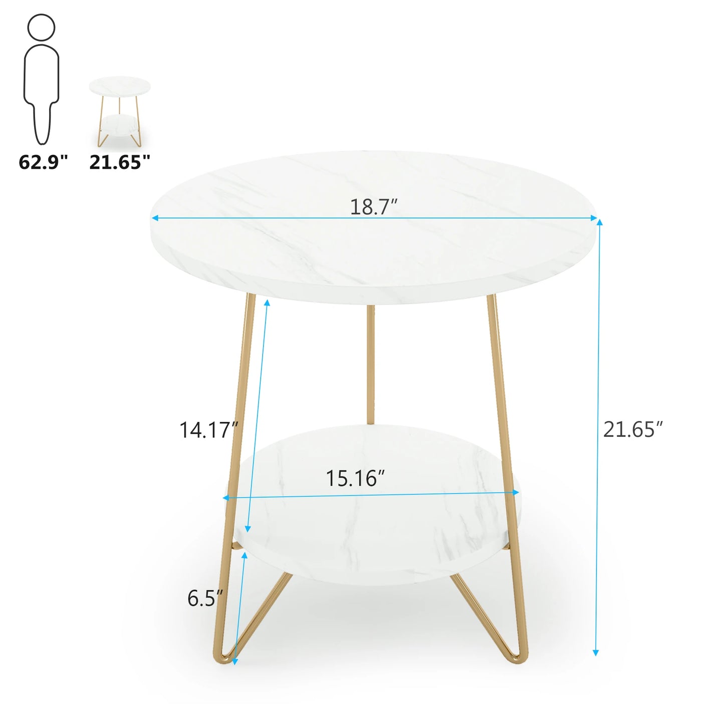 Tribesigns 2 Tier Faux Marble End Table Round Side Table with Shelves Small Coffee Accent Table for Living Room, White and Gold