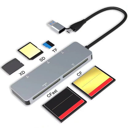 5 in 1 Memory Card Reader 5Gbps CFast+XD+CF+SD+TF Reader Multi-Card Reader Adapter Type-C & USB A for PC Laptop Accessories