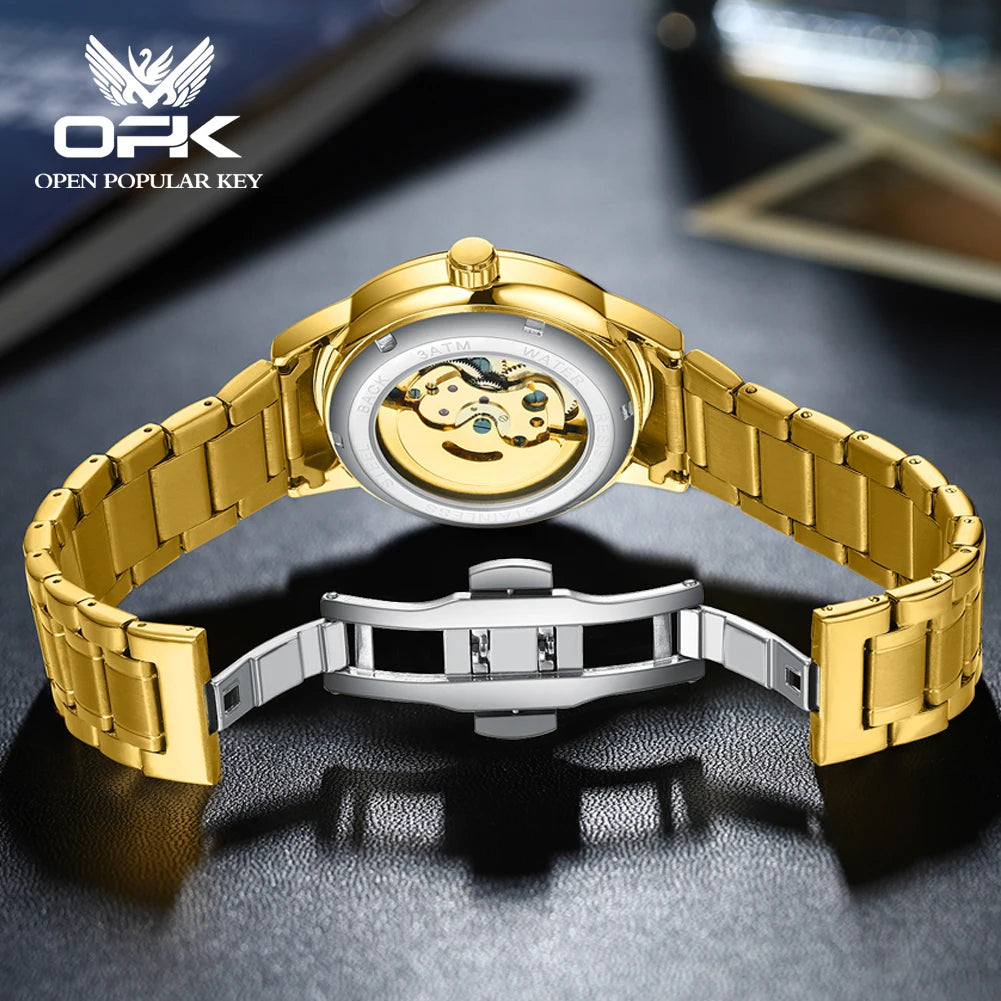 OPK Brand Original Luxury Men's Watches Stainless Steel Strap Mechanical Watch Waterproof Luminous Butterfly Button Hollow Out