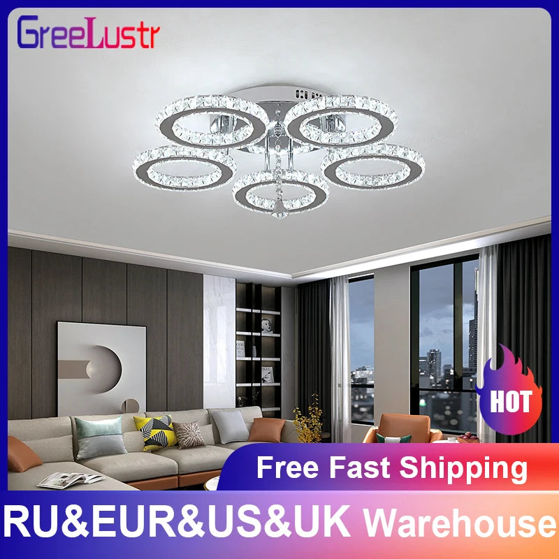 Modern Lustres K9 Crystal Chandelier Ceiling Lamps 3 Rings Stainless Steel Hanging Light Fixture 30W Led Pendant Lamp Home Decor