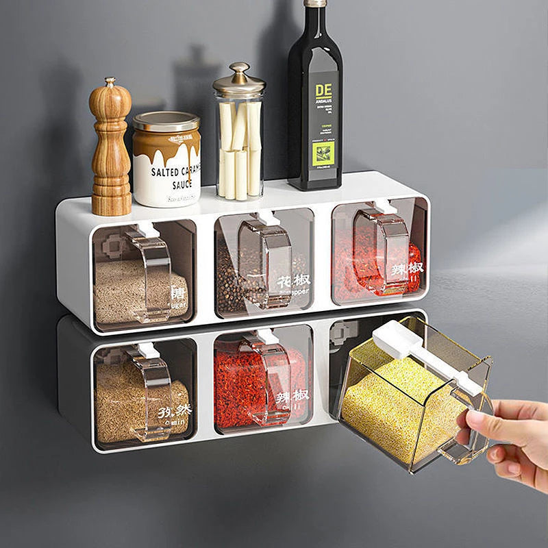 Wall Mount Seasoning Organizer Box Set, Salt Shaker Spice Rack Compartment, Storage Box, Sugar Container Jar With Spoon for Kitchen