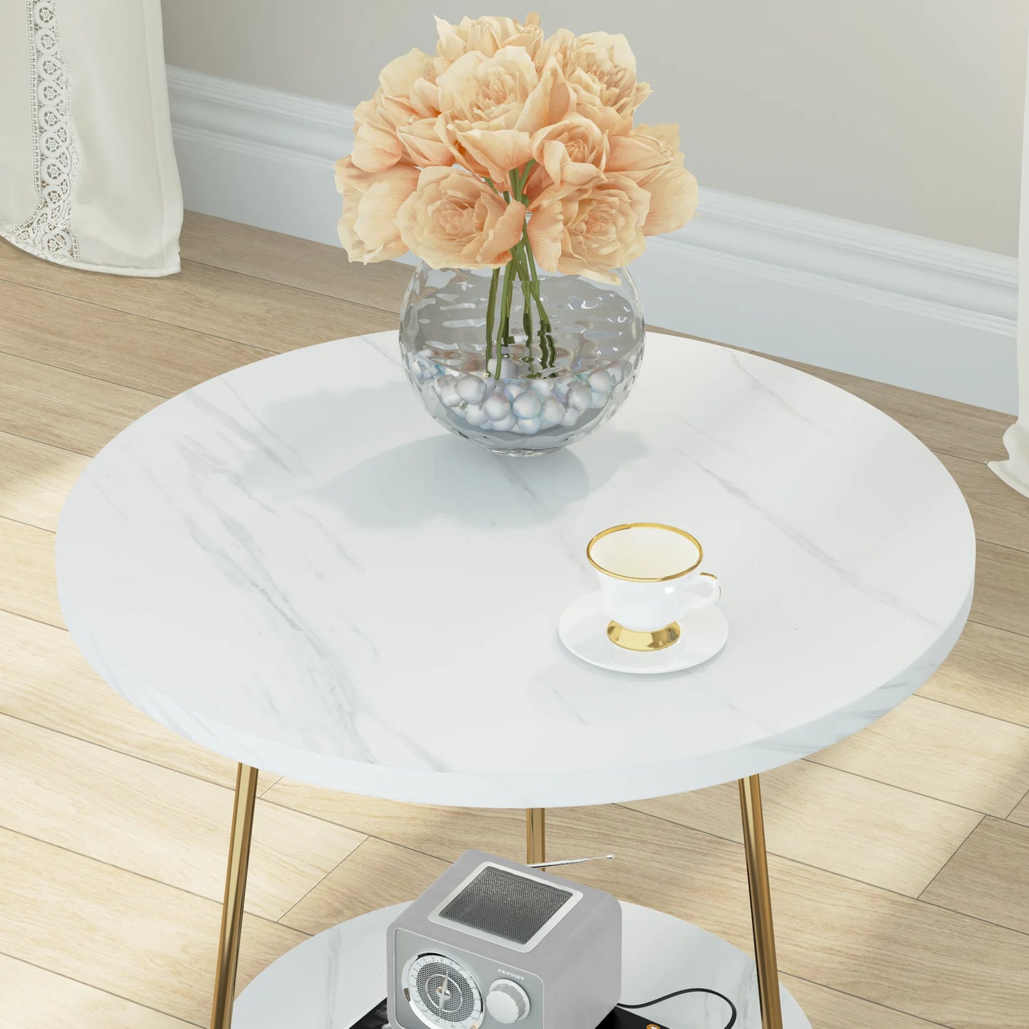 Tribesigns 2 Tier Faux Marble End Table Round Side Table with Shelves Small Coffee Accent Table for Living Room, White and Gold