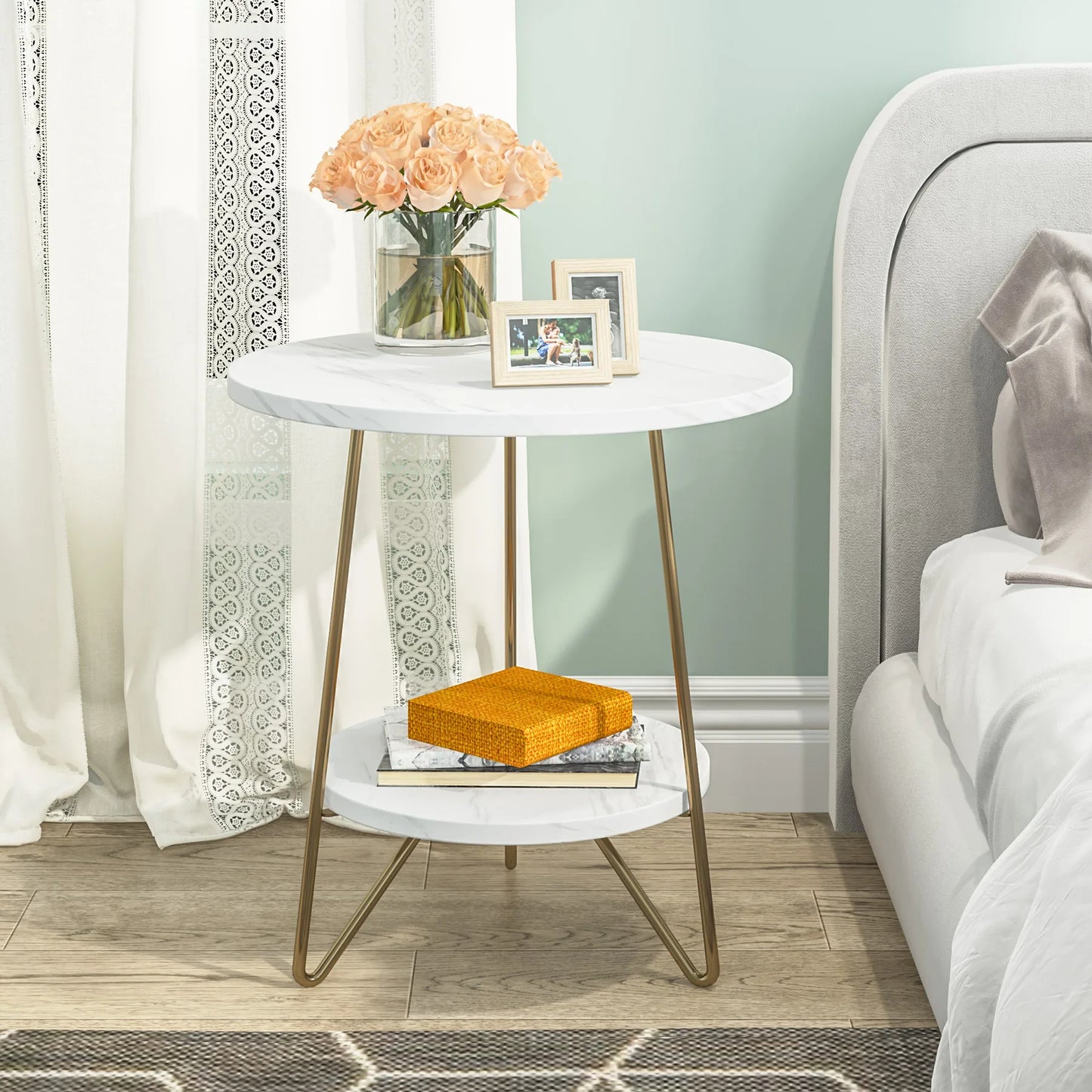 Tribesigns 2 Tier Faux Marble End Table Round Side Table with Shelves Small Coffee Accent Table for Living Room, White and Gold