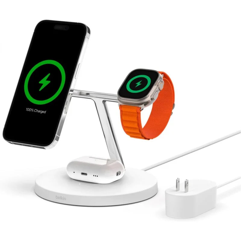 Belkin MagSafe 3-in-1 Wireless Charger Stand - Fast Charging for iPhone 15, 14, 13 Series & Apple Watch - Magnetic Charging