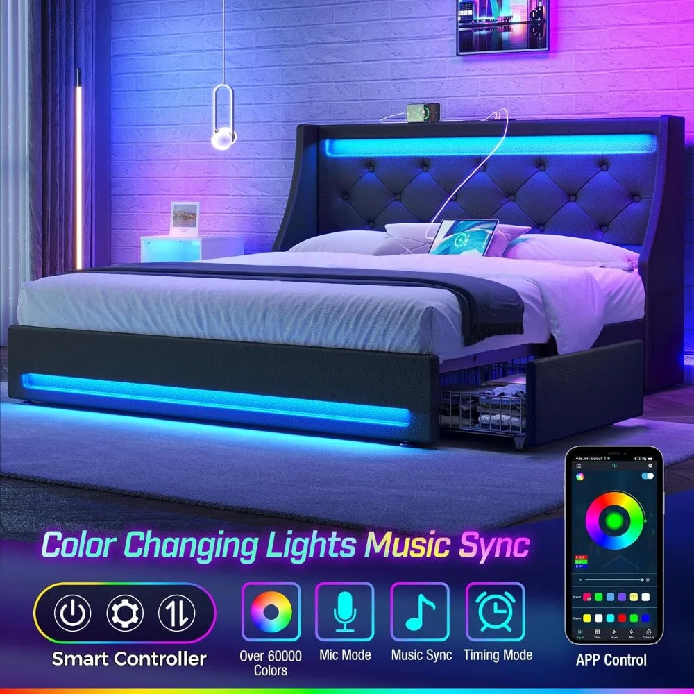 PU Leather Bed With Drawers Wooden Slats Easy Assembly Noise Free Full Bed Frame With LED Lights and Charging Station Black Home