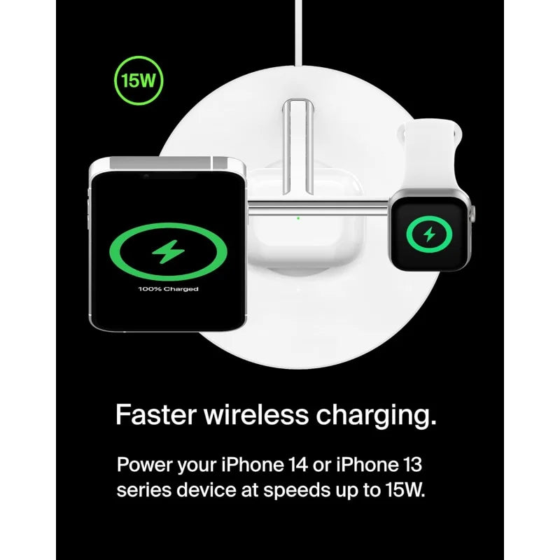 Belkin MagSafe 3-in-1 Wireless Charger Stand - Fast Charging for iPhone 15, 14, 13 Series & Apple Watch - Magnetic Charging