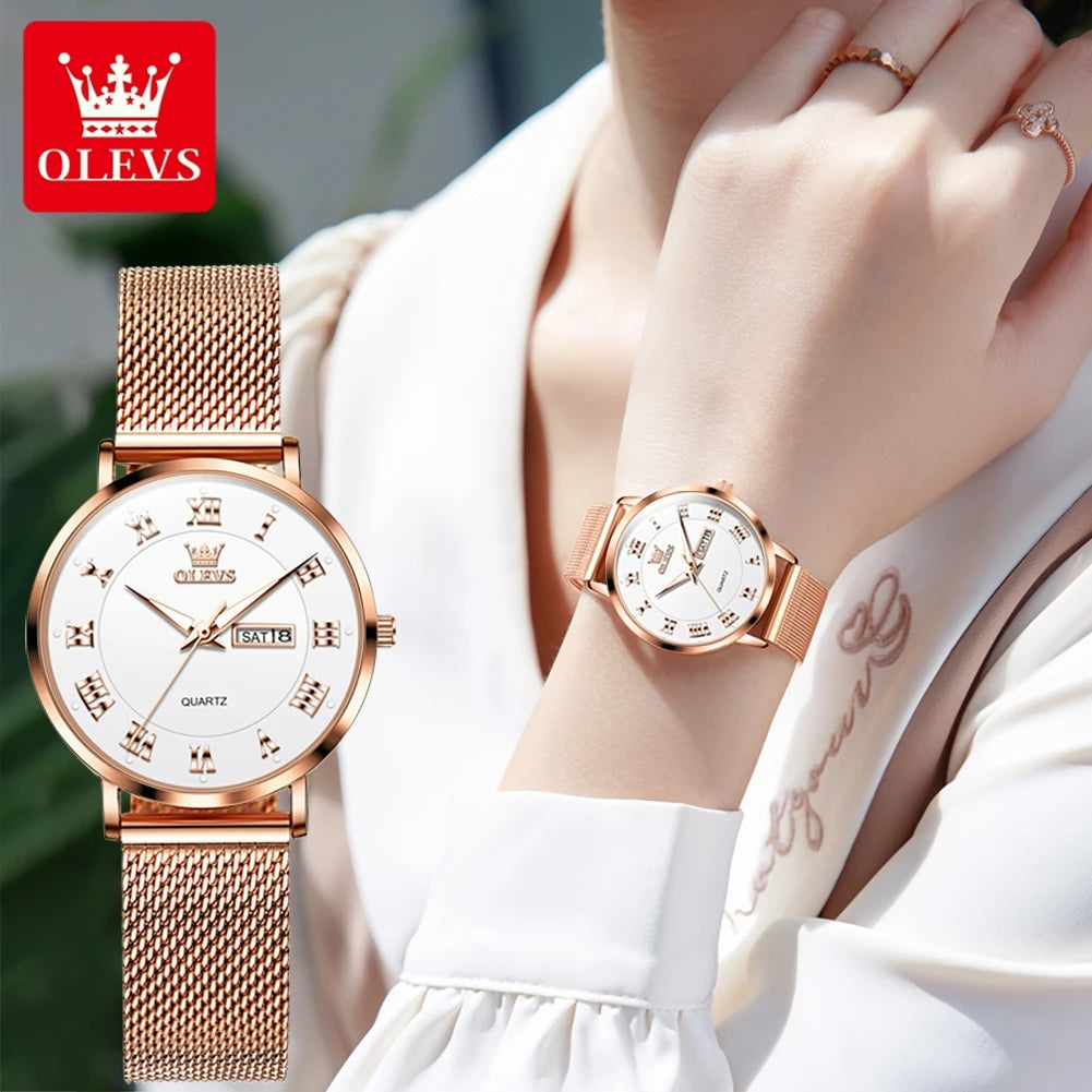 OLEVS 2920 Women's Watch Top Quality Stainless Steel Waterproof Double Calendar Quartz Watch Classic Fashion Luxury Women Watch