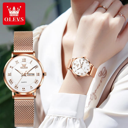 OLEVS 2920 Women's Watch Top Quality Stainless Steel Waterproof Double Calendar Quartz Watch Classic Fashion Luxury Women Watch