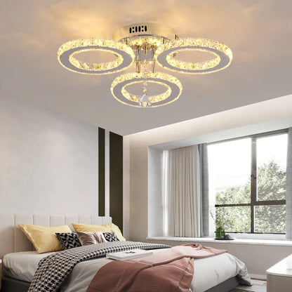 Modern Lustres K9 Crystal Chandelier Ceiling Lamps 3 Rings Stainless Steel Hanging Light Fixture 30W Led Pendant Lamp Home Decor