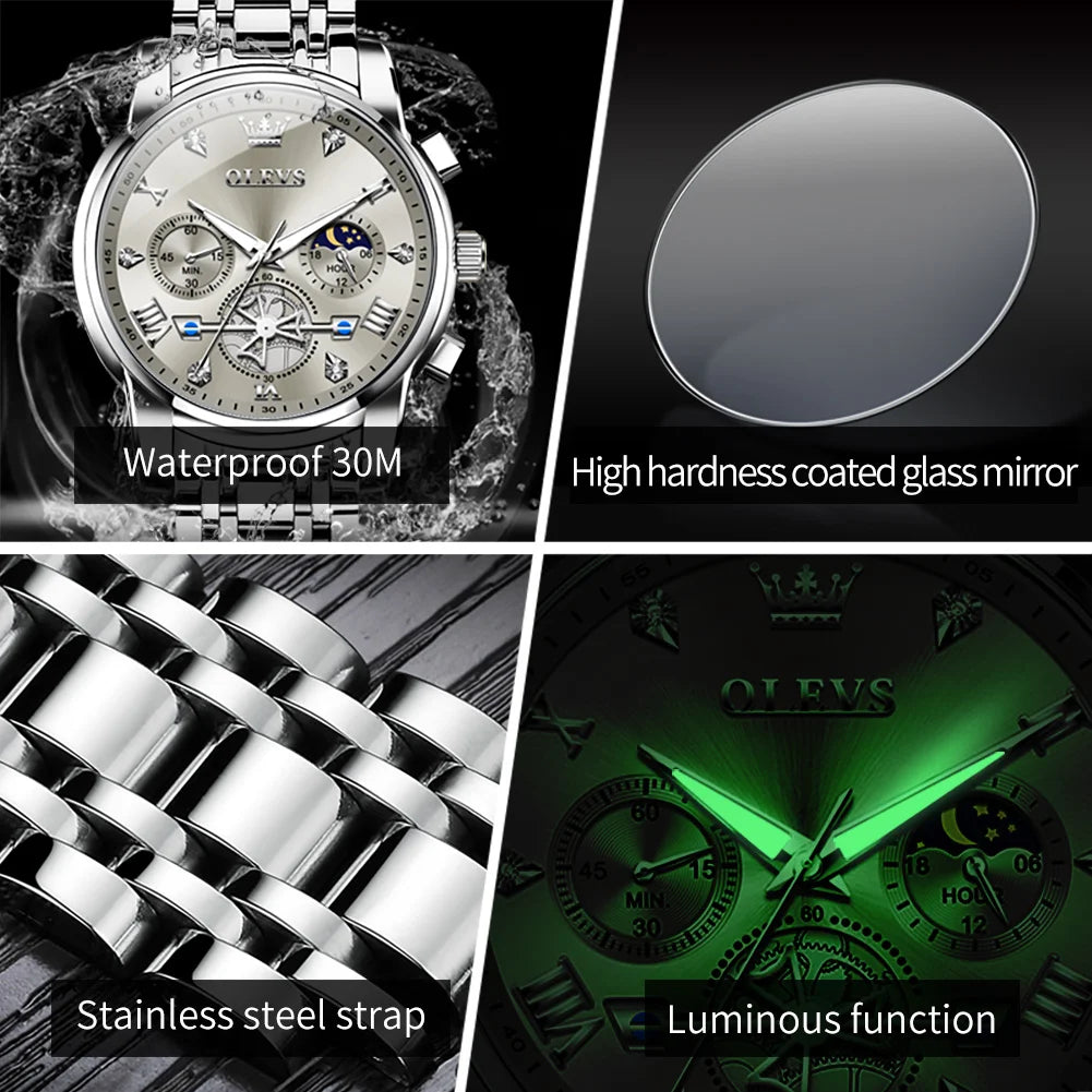 OLEVS 2856 Men's Watch Top Luxury Brand Multi functional Lunar Skeleton Waterproof Quartz Watch Fashion Business Men's Watch