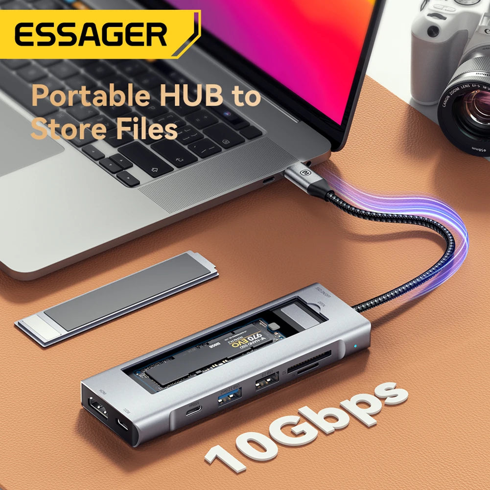 Essager USB Hub  8 in 1 With Disk Storage Function USB Type c to HDMI-Compatible Laptop Docking Station For Macbook Pro Air M1 M