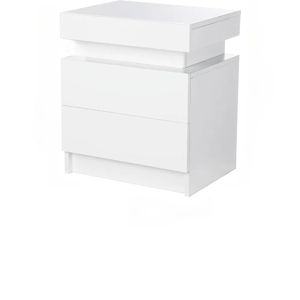 Mini Bedside Table Modern Bedside Table With LED Light Wood Matte Bedside Table With 2 High Gloss Drawers Bedroom Furniture Home