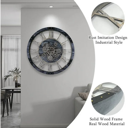 36 inch moving gear wall clock, oversized wall clocks, clock living room decor, solid wood frame, battery operated, large Wall C