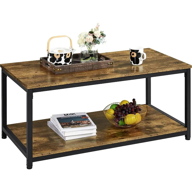 2-Tier Industrial Wood Coffee Table Cocktail Table Center Table with Open Storage Shelf for Living Room Vintage Accent Furniture