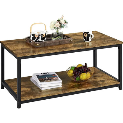 2-Tier Industrial Wood Coffee Table Cocktail Table Center Table with Open Storage Shelf for Living Room Vintage Accent Furniture