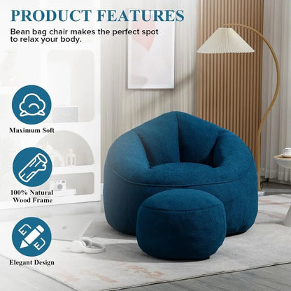 Veemuaro Bean Bag Sofa Chair with Ottoman, Memory High Pressure Foam Sofa Chair, Large Lazy BeanBag Sofa with Armrests