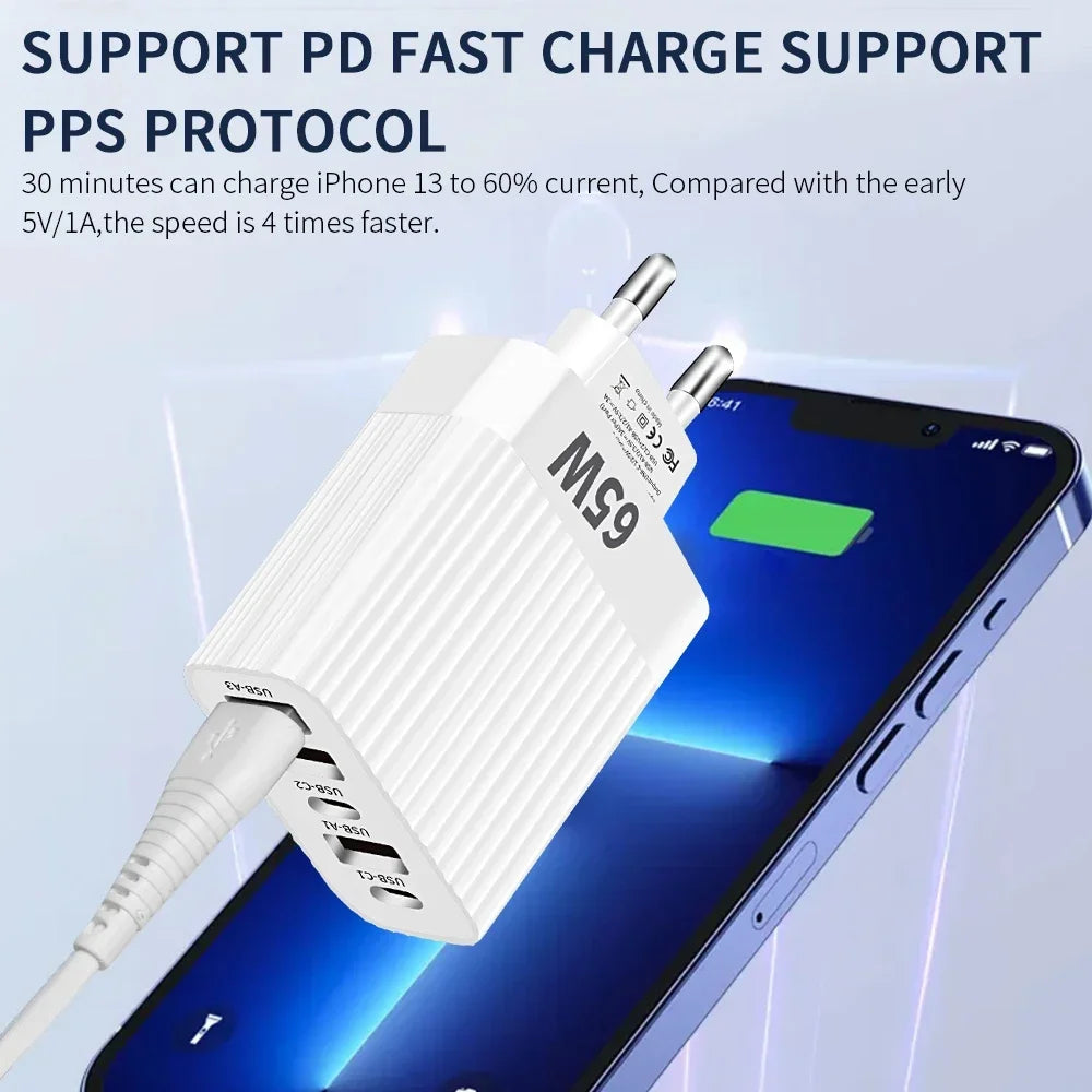 USB Type C Charger Multi Ports 65W Fast Charging Phone Charge Adapter For iPhone Samsung Xiaomi 5 Ports EU/US Plug Quick Charger