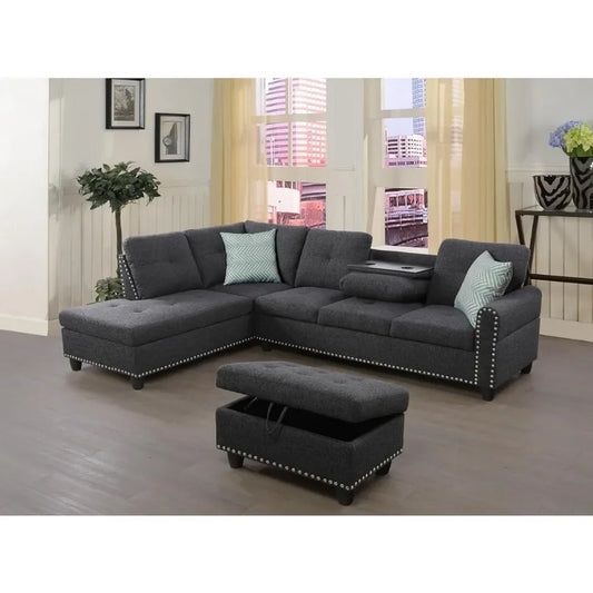 Living Room Sofa with Storage Ottoman Set,Left Chaise Longue,2 Cup Holders,2 Pillows,Furniture Fabric Partition Couch