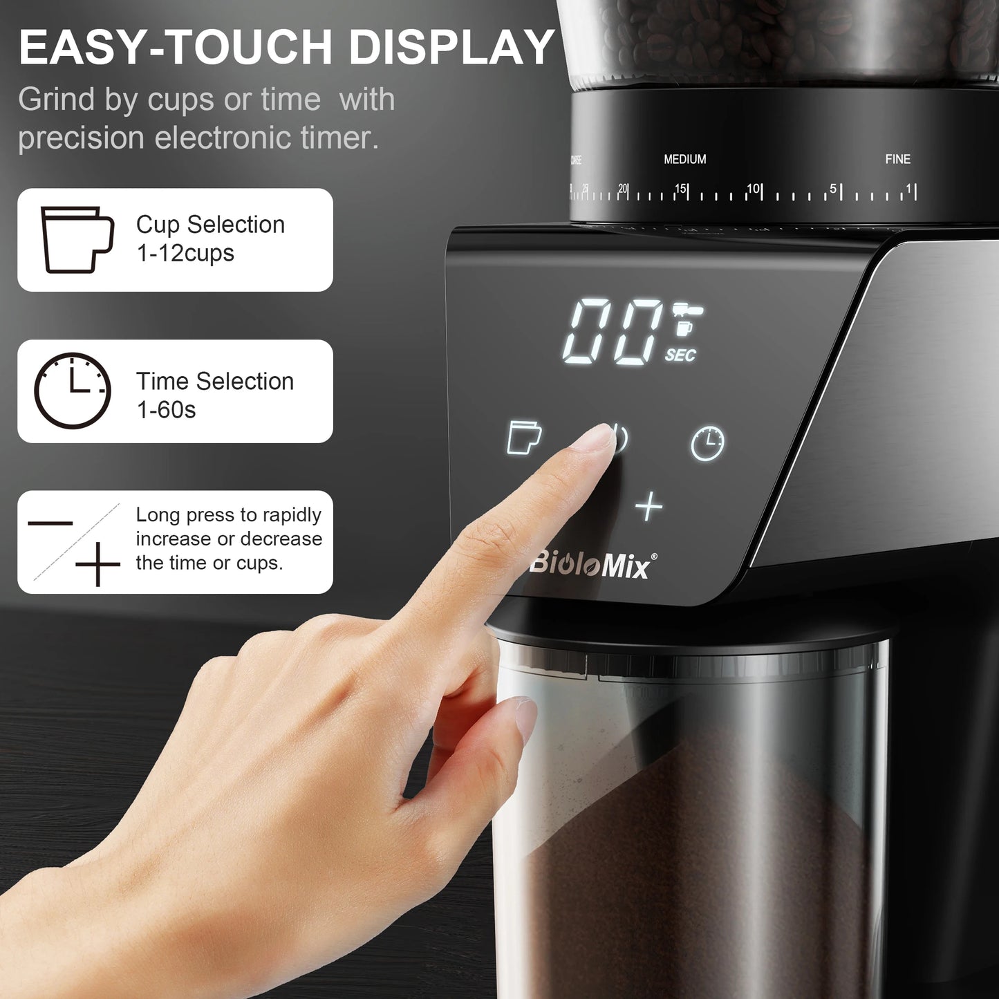 Biolomix Conical Burr Coffee Grinder with Digital Timer Display, 31 Precise Settings for Espresso/Drip/French press/Cold Brew