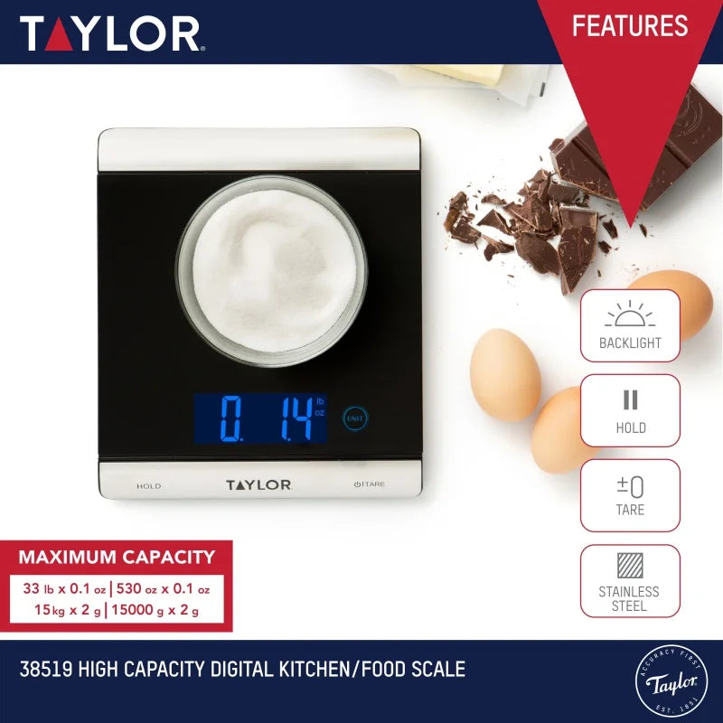 Taylor High-Capacity 33 Pound Digital Kitchen Scale and Food Scale with Hold and Tare Functions in Black and Stainless Steel