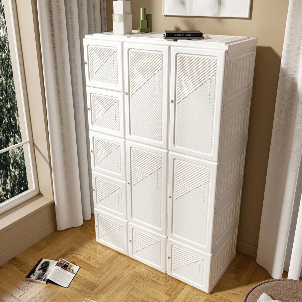 Portable Wardrobe Closet Storage Organizer for Clothes,Folding All-in-one Plastic Wardrobe with Magnetic Door and Easy Assembly