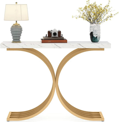 Tribesigns Entryway Console Table White Faux Marble Top Narrow Sofa Accent Table with Gold Metal Base