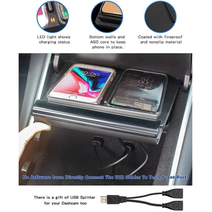 10W Wireless Charger For Tesla Model 3 2017 2018 2019 2020 Accessories,Dual Phone Charging Pad Car Center Console Interior