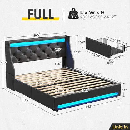 PU Leather Bed With Drawers Wooden Slats Easy Assembly Noise Free Full Bed Frame With LED Lights and Charging Station Black Home