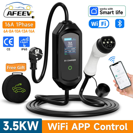 AFEEV Portable EV Charger Type2 IEC62196-2 EVSE Fast Charging Cable Type1 SAE J1772 Wallbox WiFi APP Bluetooth Wireless Control